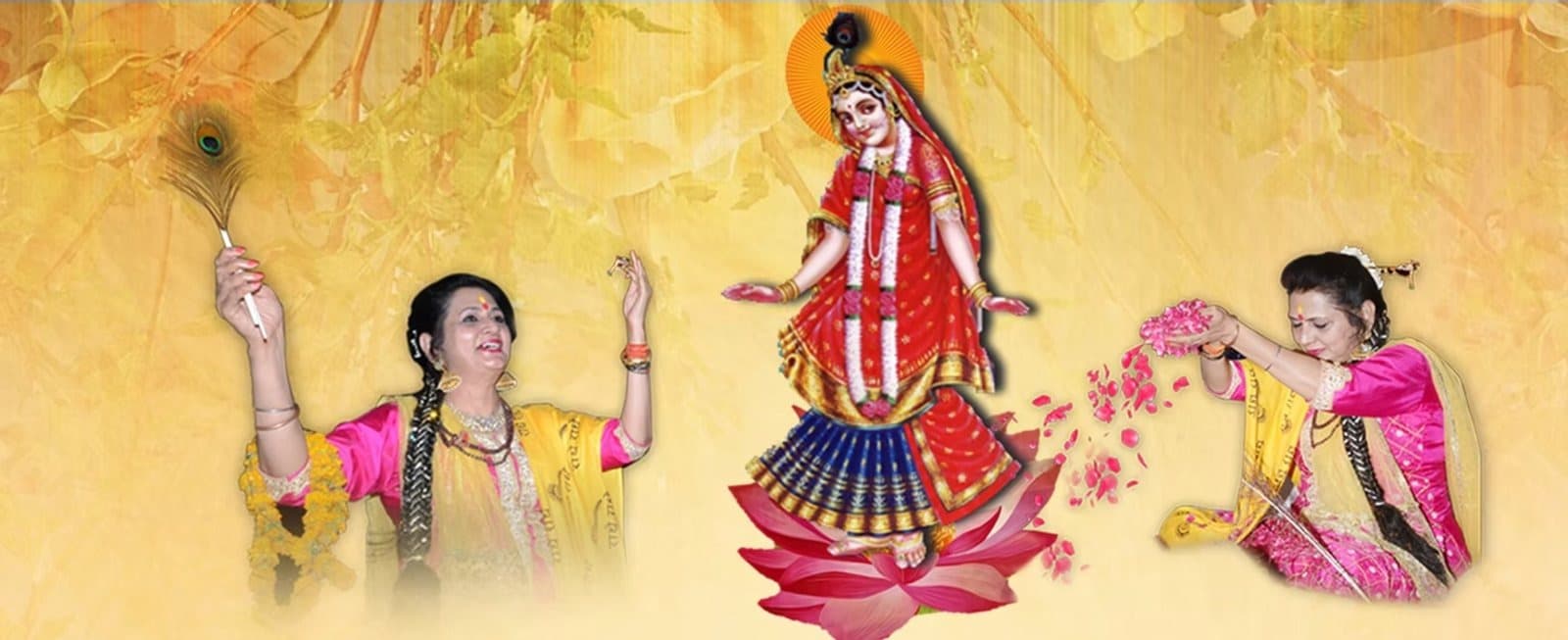 Srimati Radharani upon a lotus, with Shri Maa Ananya Ji scattering rose petals in devotion, set against a golden Pichwai backdrop.